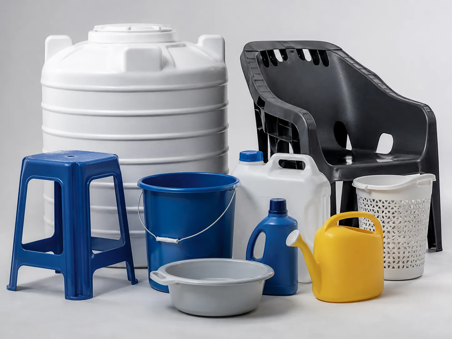 Blow-molded hollow household products including stools containers tanks jugs and furniture structures